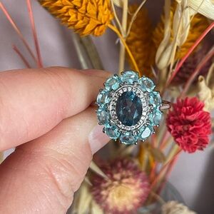 Teal fluorite and blue paraiba apatite ring